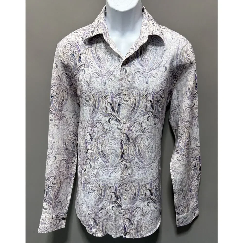 Tasso Elba Medium Button Down Paisley Purple Long Sleeve Shirt 100% Linen - Picture 3 of 9